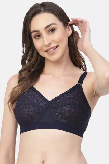Buy Floret Double Layered Non-Wired Full Coverage Lace Bra - Navy Blue